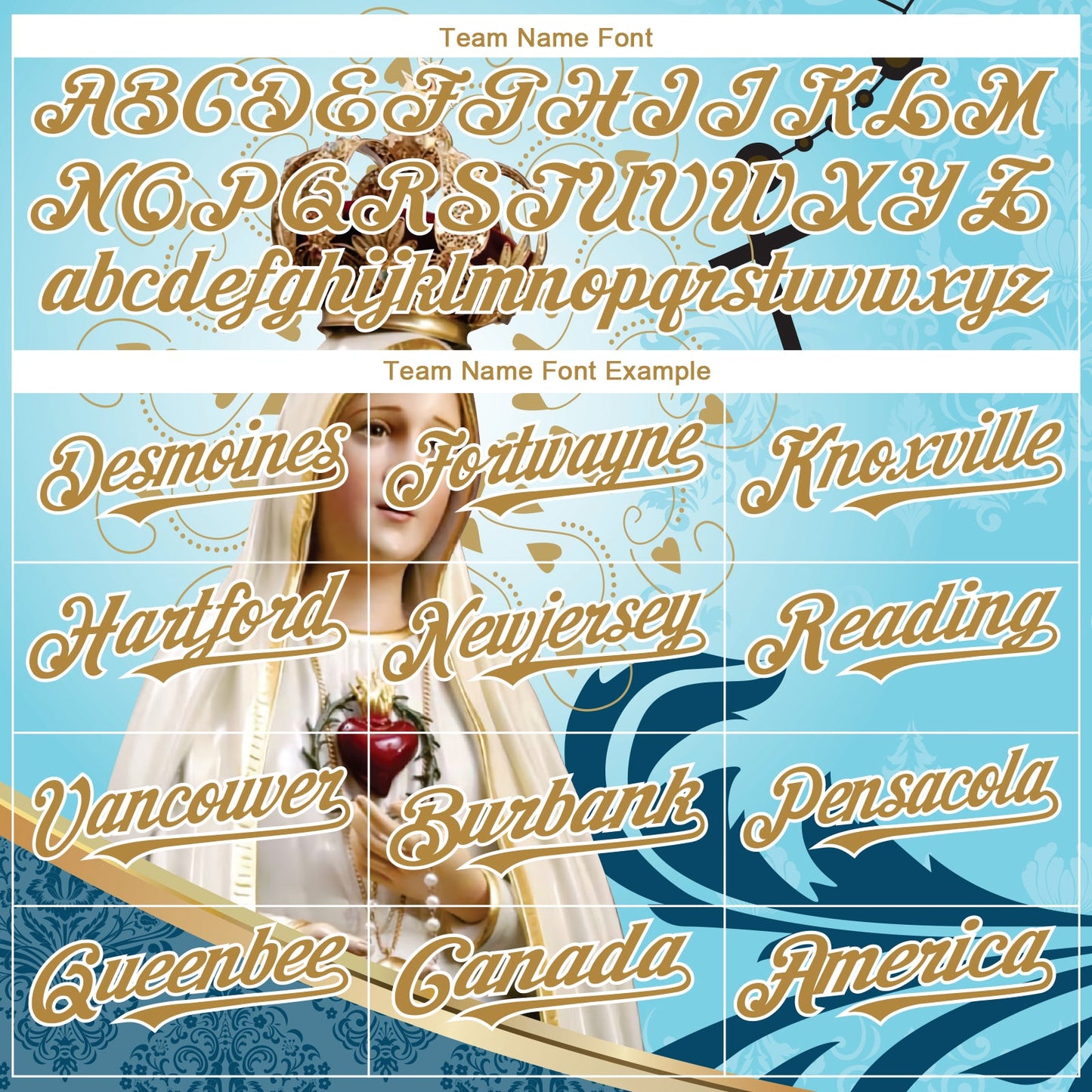 Custom Teal Old Gold-White 3D Pattern Design Religion Virgin Mary Authentic Baseball Jersey view 4