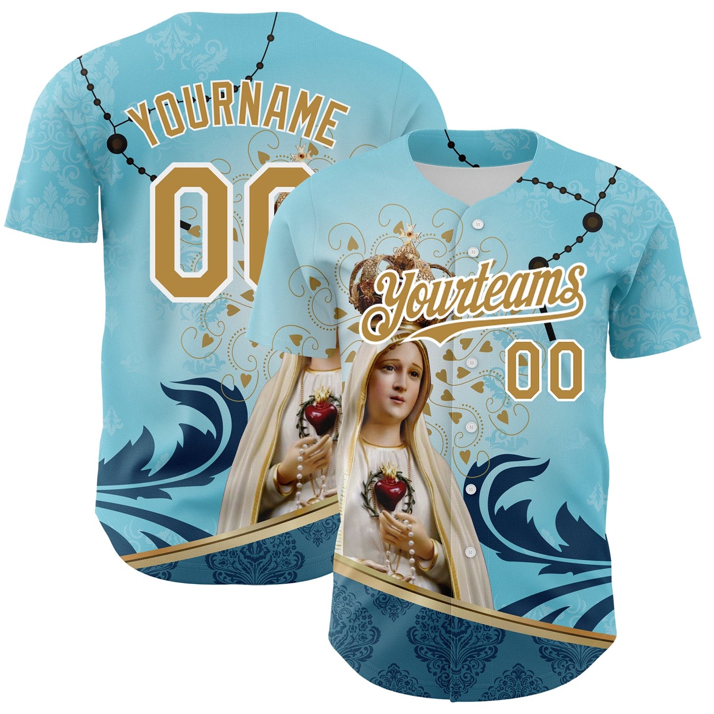 Custom Teal Old Gold-White 3D Pattern Design Religion Virgin Mary Authentic Baseball Jersey - Main View