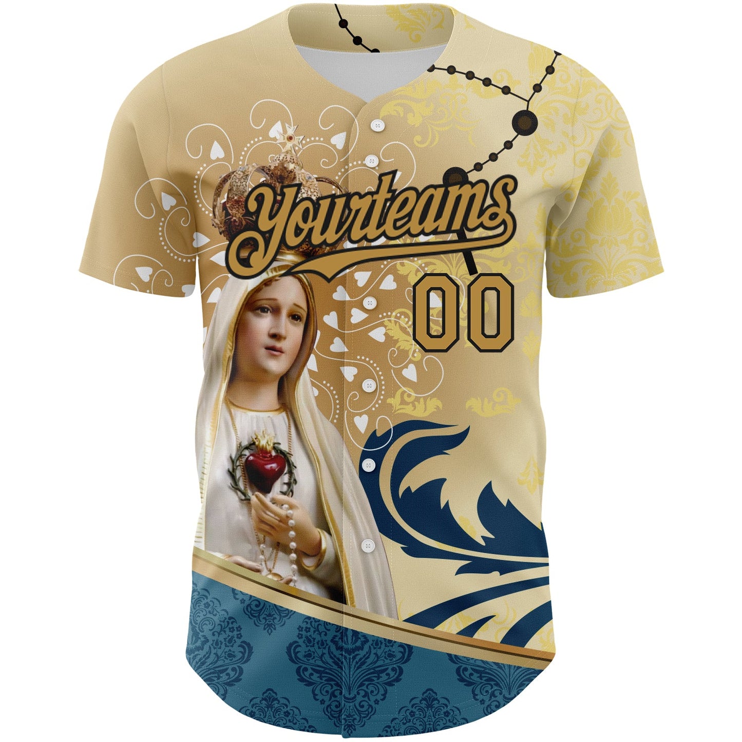 Custom Old Gold Black 3D Pattern Design Religion Virgin Mary Authentic Baseball Jersey view 2