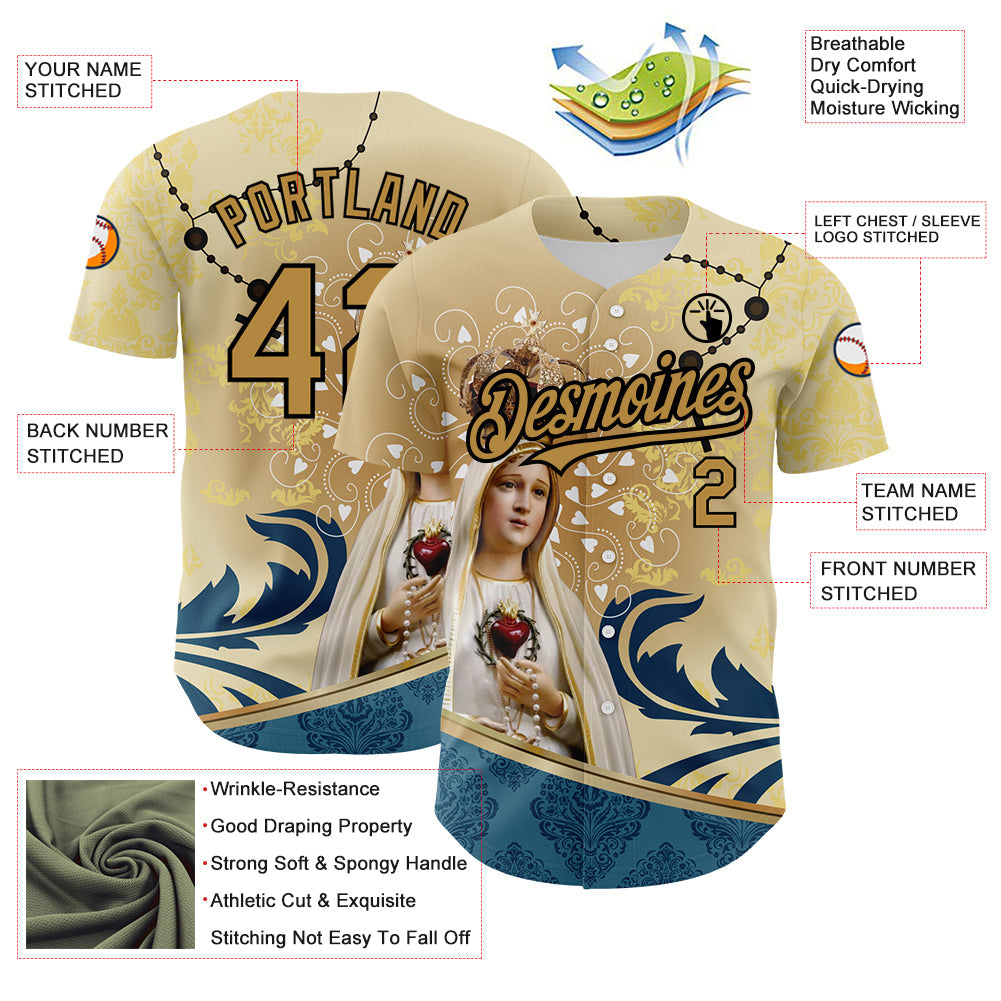 Custom Old Gold Black 3D Pattern Design Religion Virgin Mary Authentic Baseball Jersey view 3