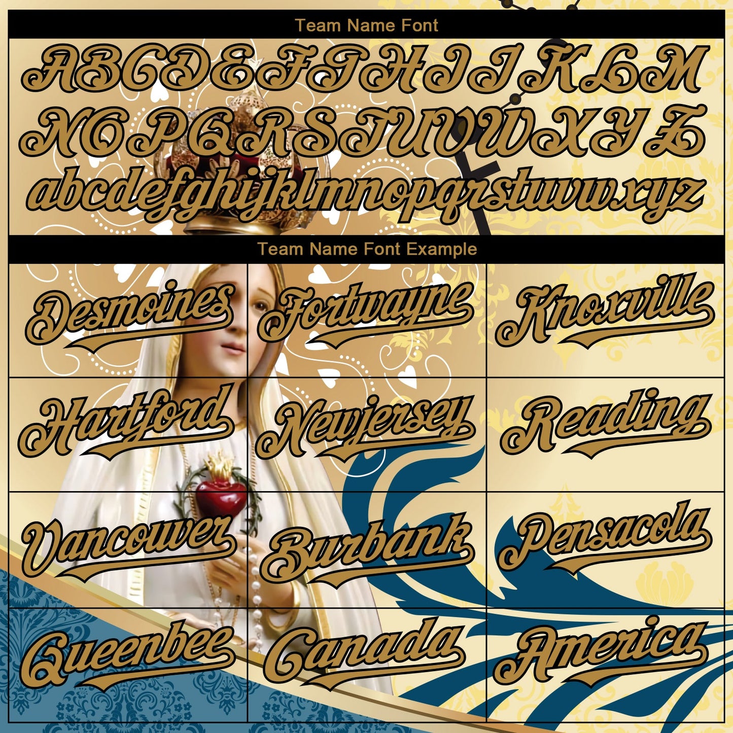 Custom Old Gold Black 3D Pattern Design Religion Virgin Mary Authentic Baseball Jersey view 4