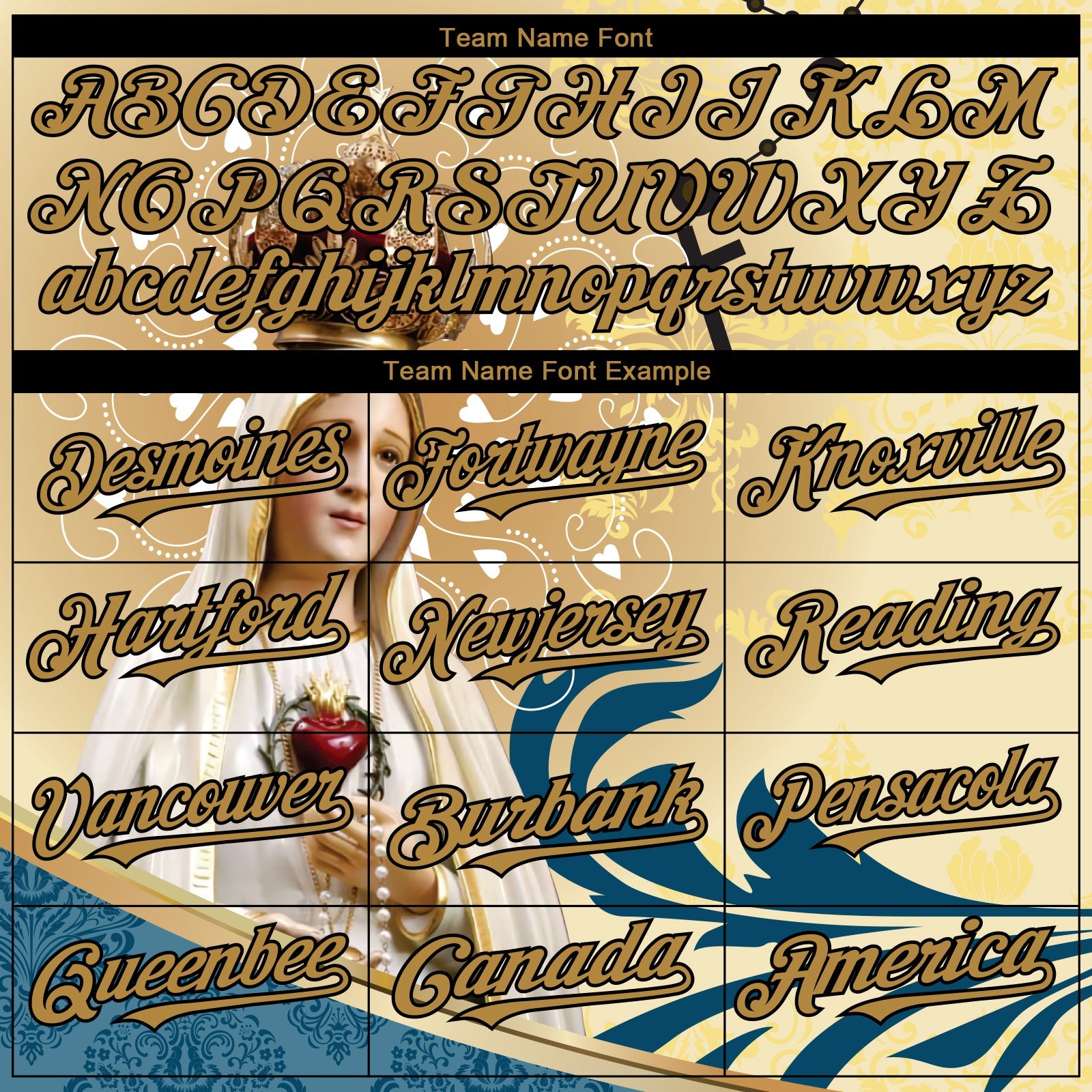Custom Old Gold Black 3D Pattern Design Religion Virgin Mary Authentic Baseball Jersey view 4