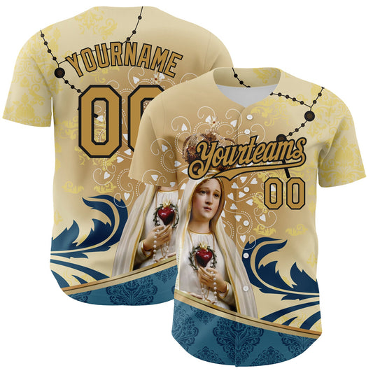 Custom Old Gold Black 3D Pattern Design Religion Virgin Mary Authentic Baseball Jersey - Main View
