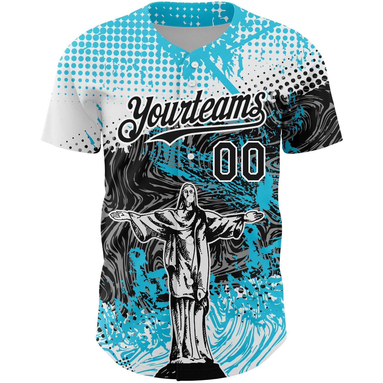 Custom Light Blue Black-White 3D Pattern Design Religion Jesus Christ Authentic Baseball Jersey view 2
