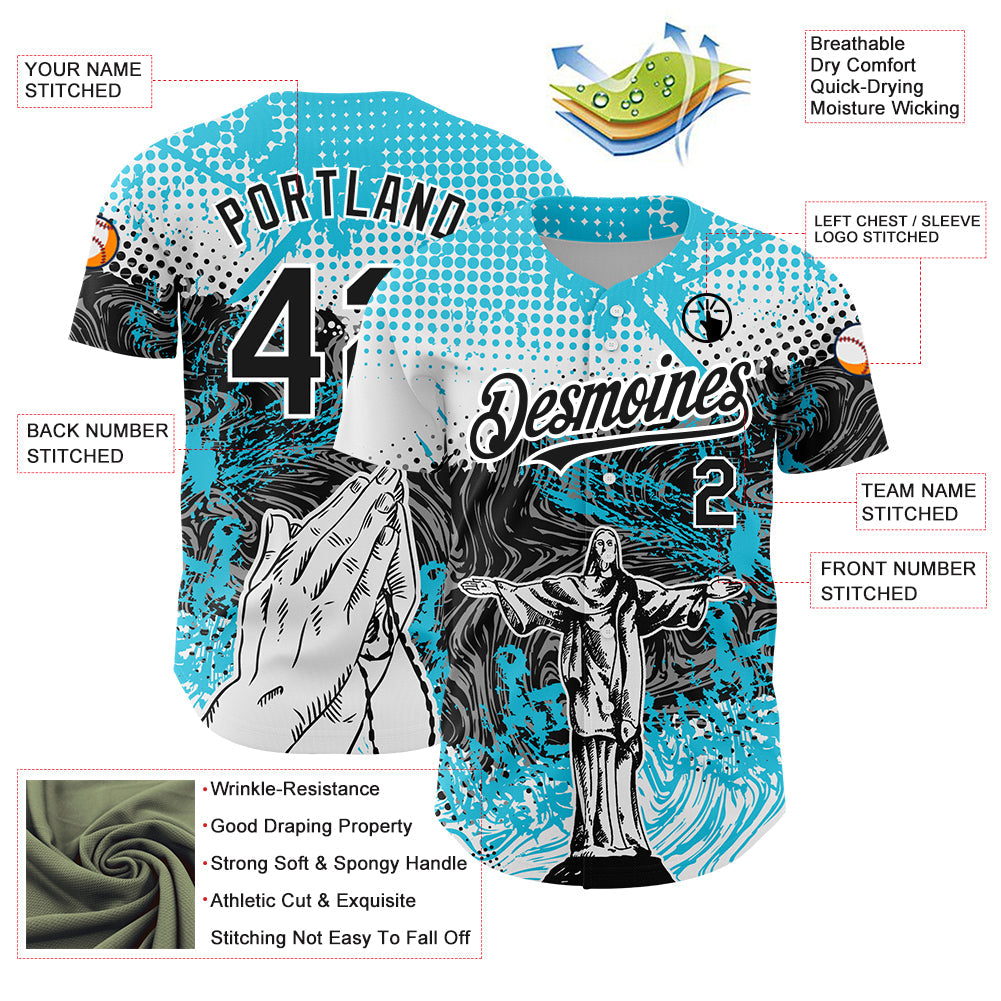 Custom Light Blue Black-White 3D Pattern Design Religion Jesus Christ Authentic Baseball Jersey view 3