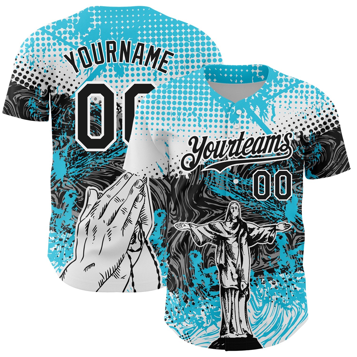 Custom Light Blue Black-White 3D Pattern Design Religion Jesus Christ Authentic Baseball Jersey - Main View