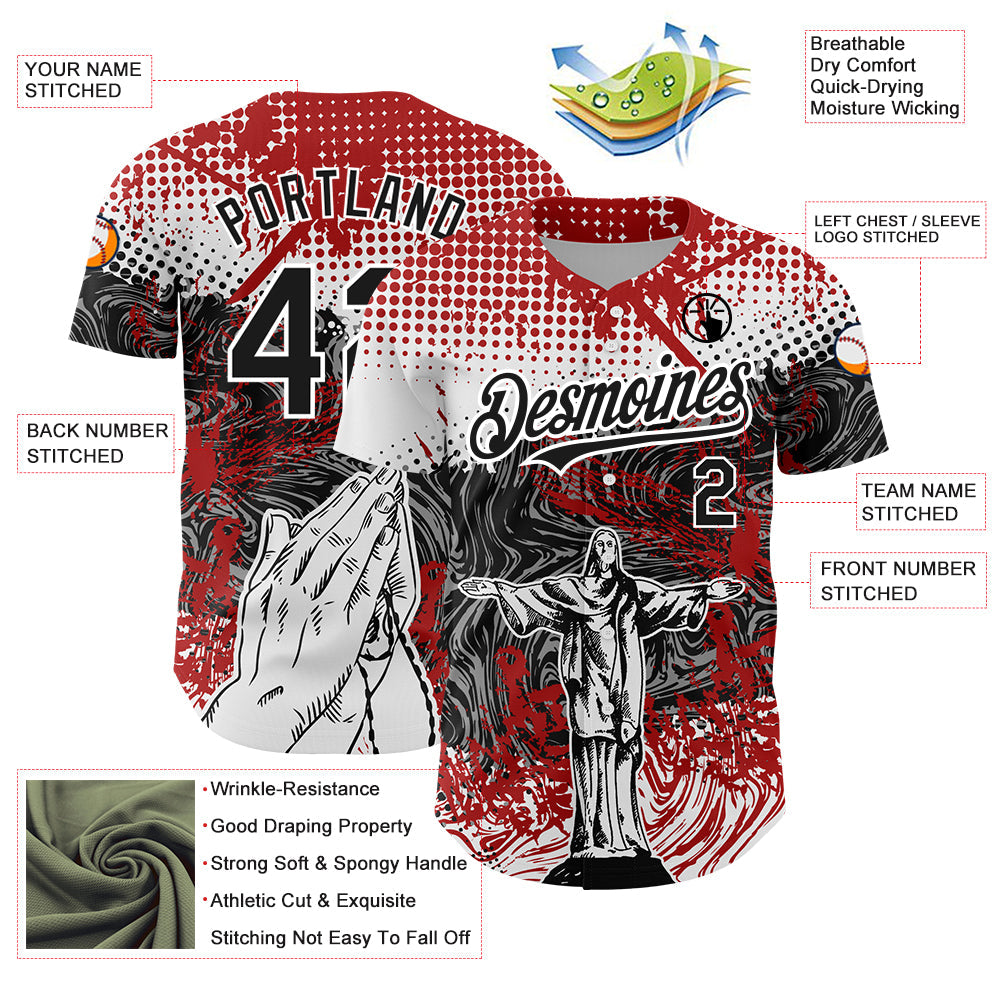 Custom Red Black-White 3D Pattern Design Religion Jesus Christ Authentic Baseball Jersey view 3