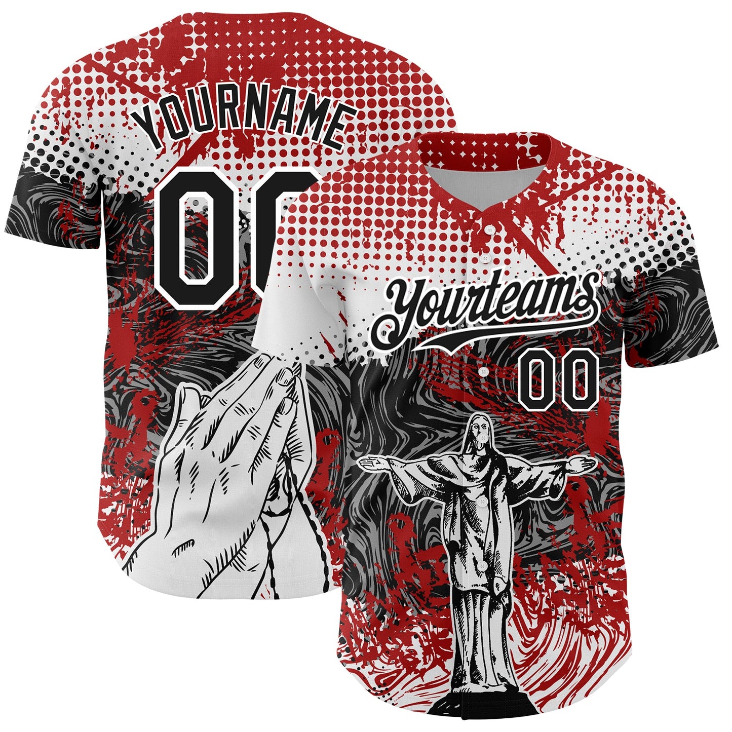 Custom Red Black-White 3D Pattern Design Religion Jesus Christ Authentic Baseball Jersey - Main View