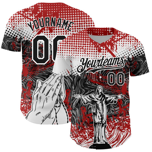 Custom Red Black-White 3D Pattern Design Religion Jesus Christ Authentic Baseball Jersey - Main View