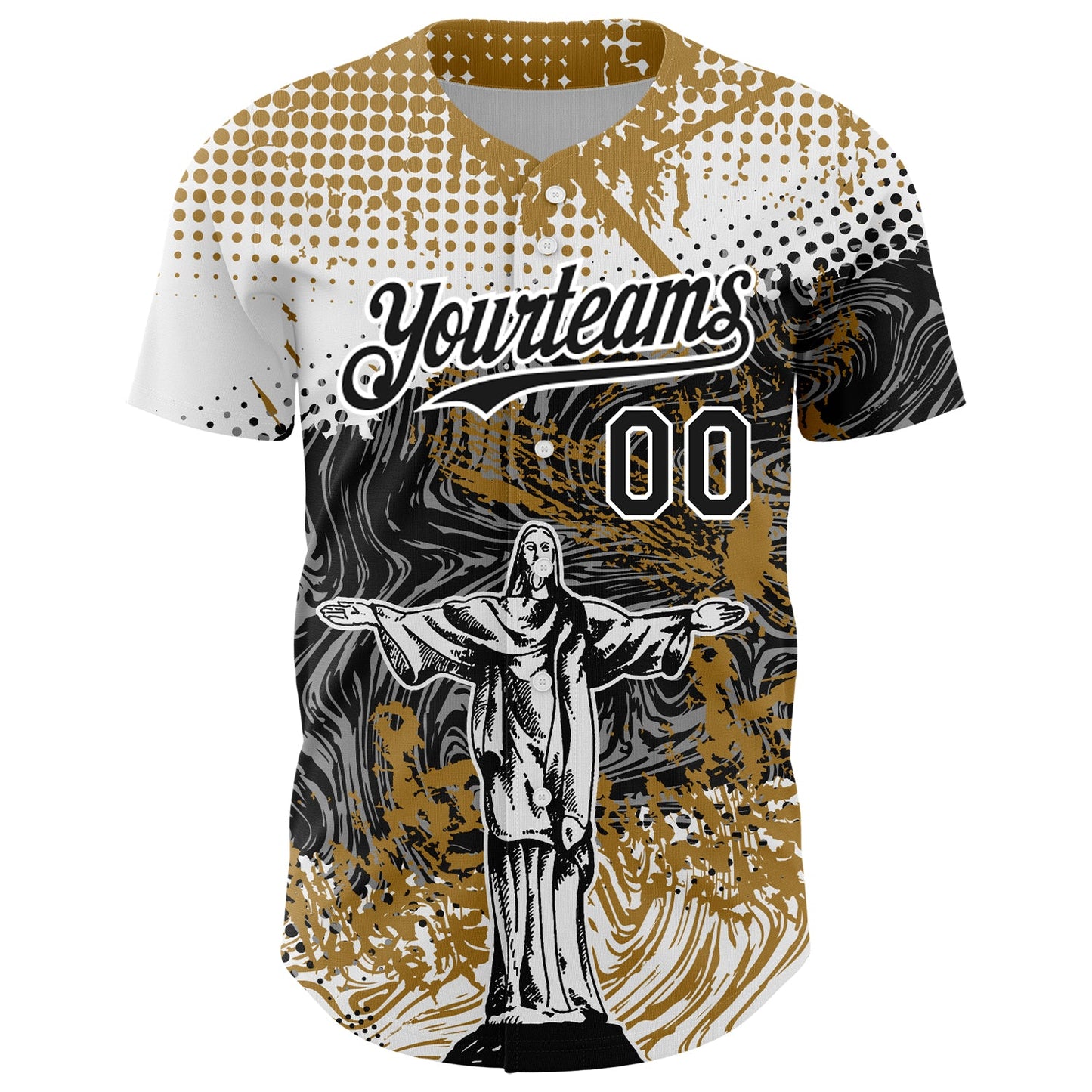 Custom Old Gold Black 3D Pattern Design Religion Jesus Christ Authentic Baseball Jersey view 2