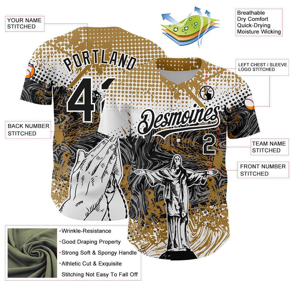 Custom Old Gold Black 3D Pattern Design Religion Jesus Christ Authentic Baseball Jersey view 3