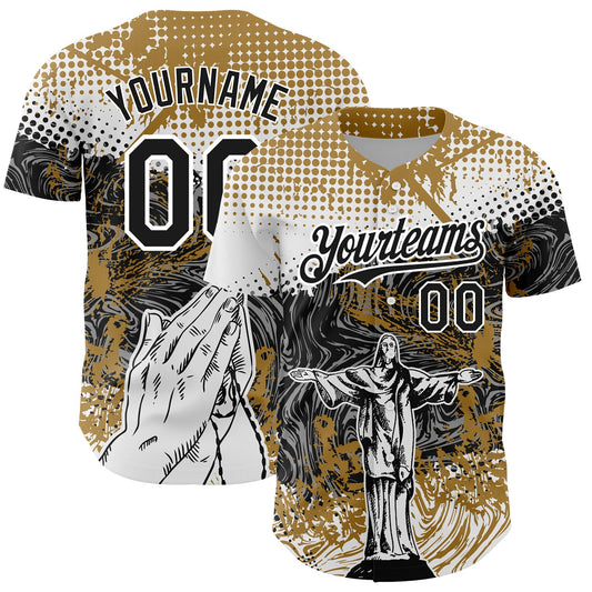 Custom Old Gold Black 3D Pattern Design Religion Jesus Christ Authentic Baseball Jersey - Main View