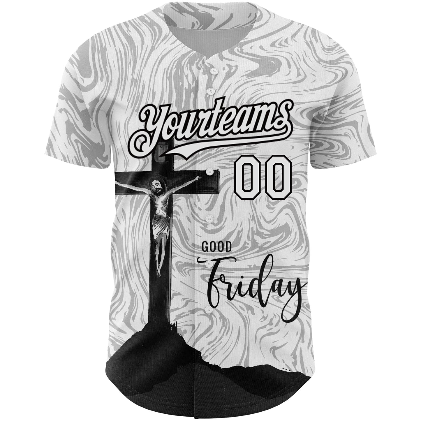 Custom White Black 3D Pattern Design Religion Cross Jesus Christ Good Friday Authentic Baseball Jersey view 2