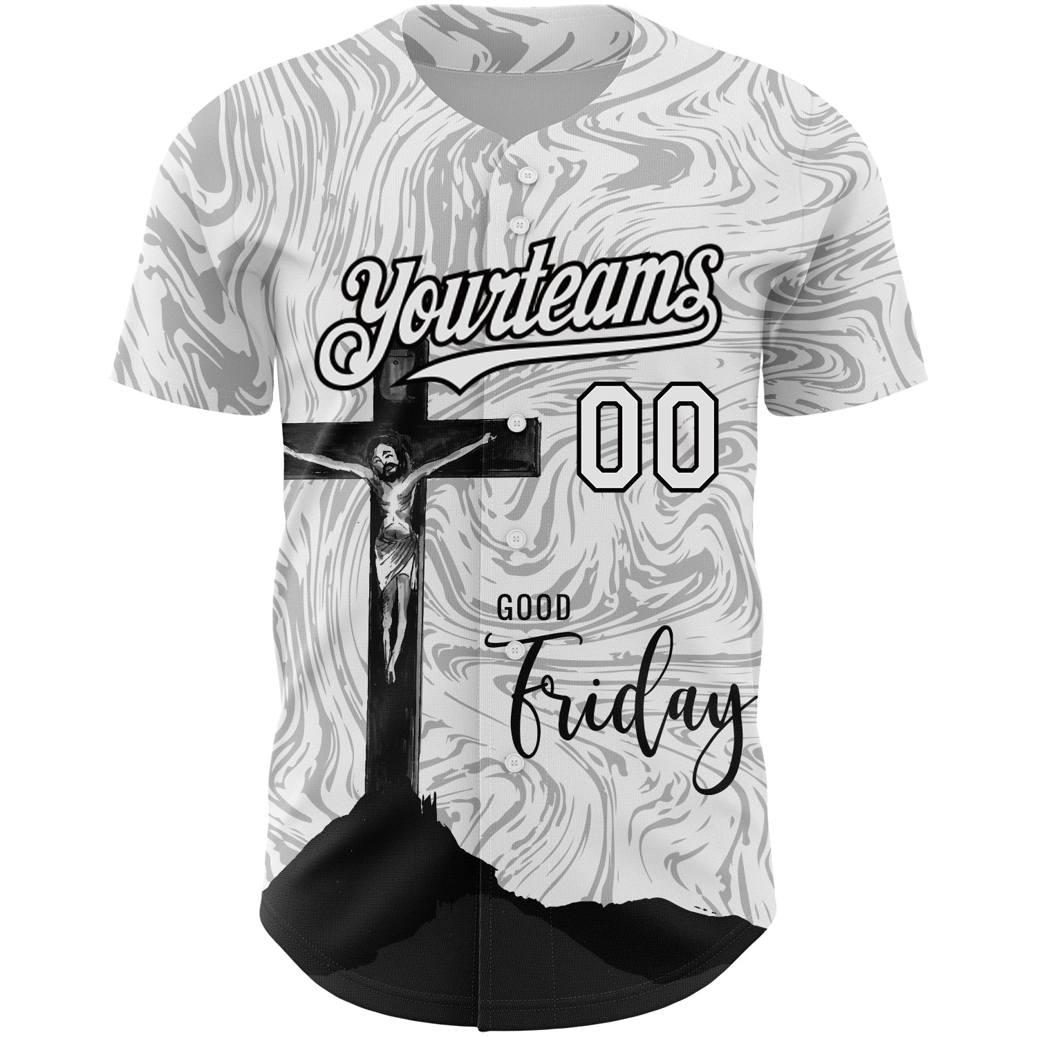 Custom White Black 3D Pattern Design Religion Cross Jesus Christ Good Friday Authentic Baseball Jersey view 2