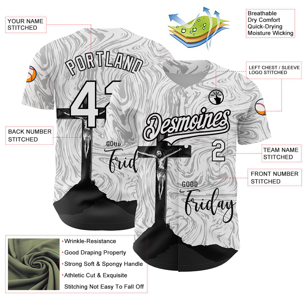 Custom White Black 3D Pattern Design Religion Cross Jesus Christ Good Friday Authentic Baseball Jersey view 3