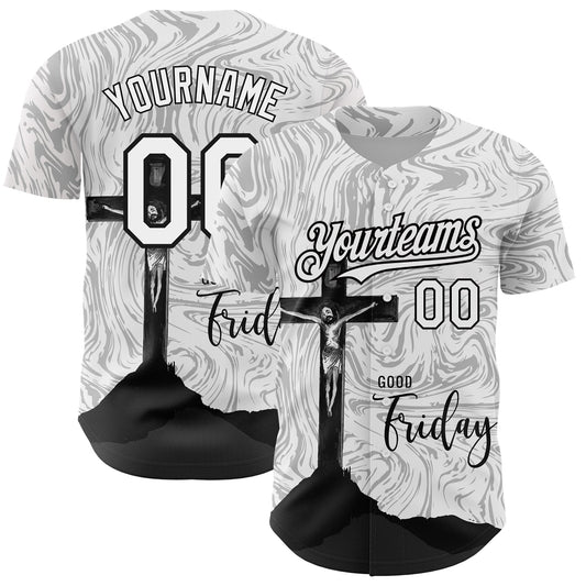 Custom White Black 3D Pattern Design Religion Cross Jesus Christ Good Friday Authentic Baseball Jersey - Main View