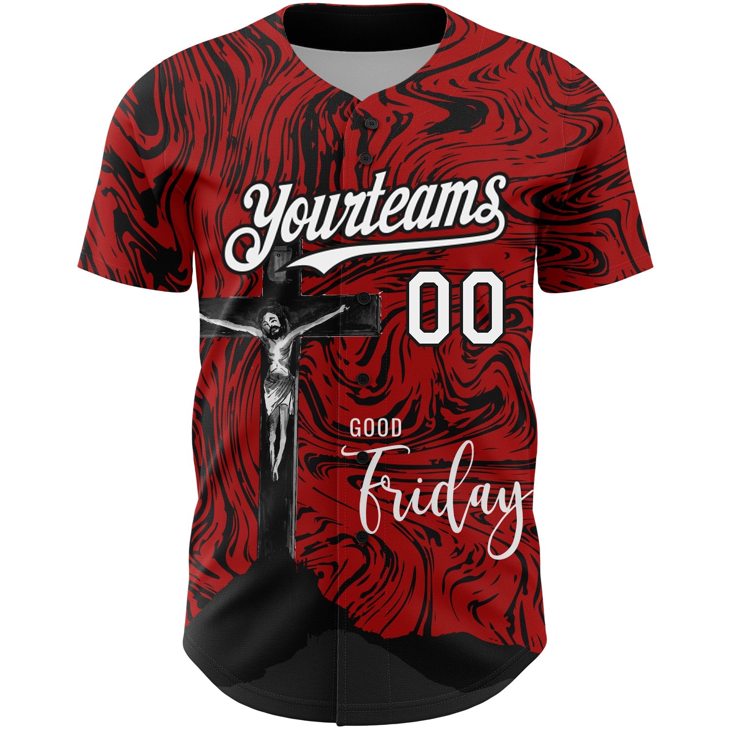 Custom Red White-Black 3D Pattern Design Religion Cross Jesus Christ Good Friday Authentic Baseball Jersey view 2