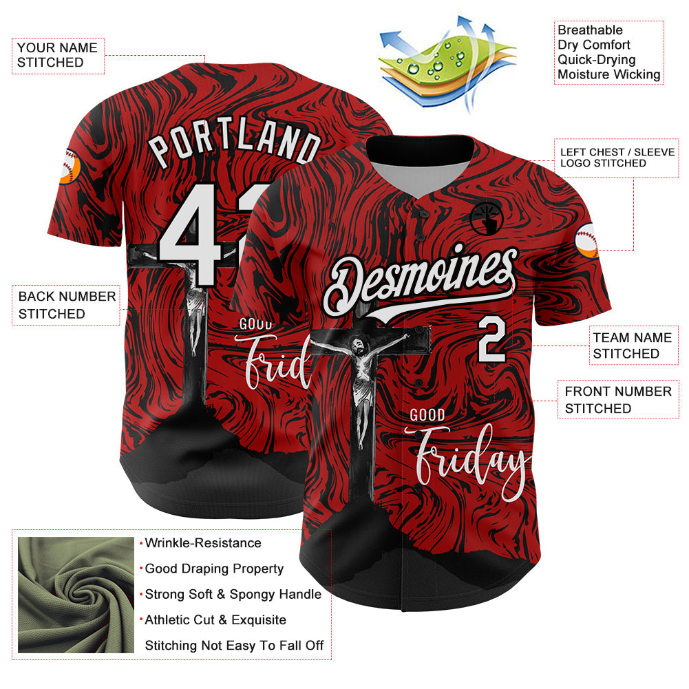 Custom Red White-Black 3D Pattern Design Religion Cross Jesus Christ Good Friday Authentic Baseball Jersey view 3