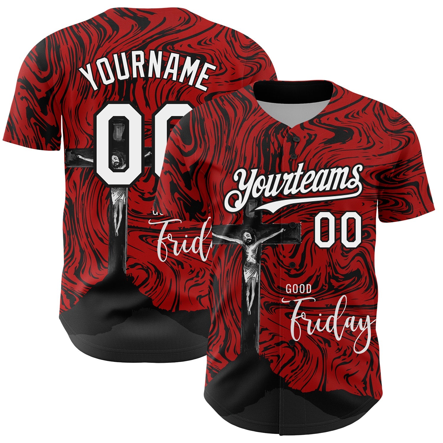 Custom Red White-Black 3D Pattern Design Religion Cross Jesus Christ Good Friday Authentic Baseball Jersey - Main View