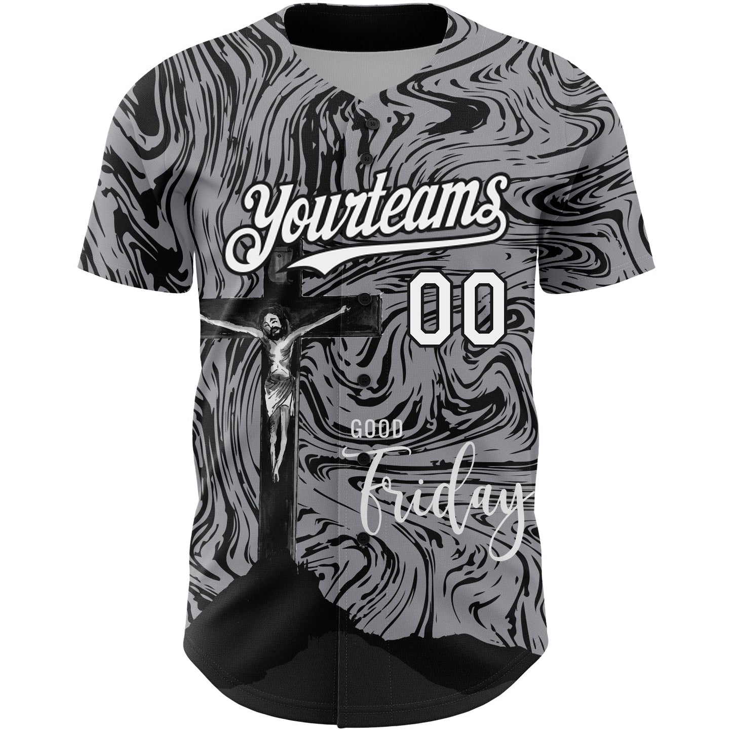 Custom Gray White-Black 3D Pattern Design Religion Cross Jesus Christ Good Friday Authentic Baseball Jersey view 2