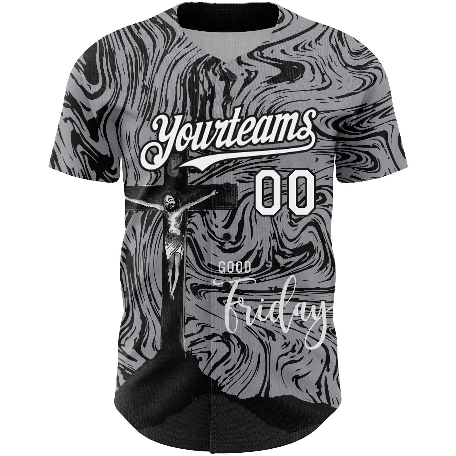 Custom Gray White-Black 3D Pattern Design Religion Cross Jesus Christ Good Friday Authentic Baseball Jersey view 2