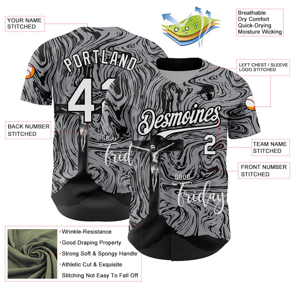 Custom Gray White-Black 3D Pattern Design Religion Cross Jesus Christ Good Friday Authentic Baseball Jersey view 3