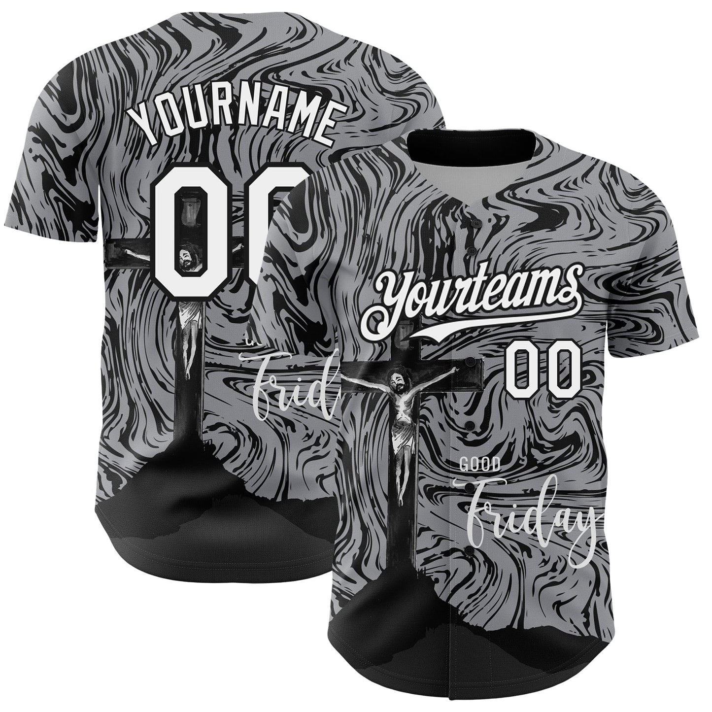 Custom Gray White-Black 3D Pattern Design Religion Cross Jesus Christ Good Friday Authentic Baseball Jersey - Main View
