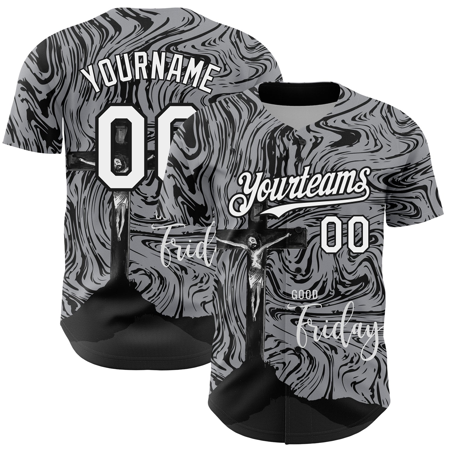 Custom Gray White-Black 3D Pattern Design Religion Cross Jesus Christ Good Friday Authentic Baseball Jersey - Main View