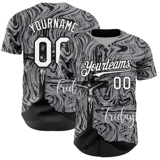Custom Gray White-Black 3D Pattern Design Religion Cross Jesus Christ Good Friday Authentic Baseball Jersey - Main View