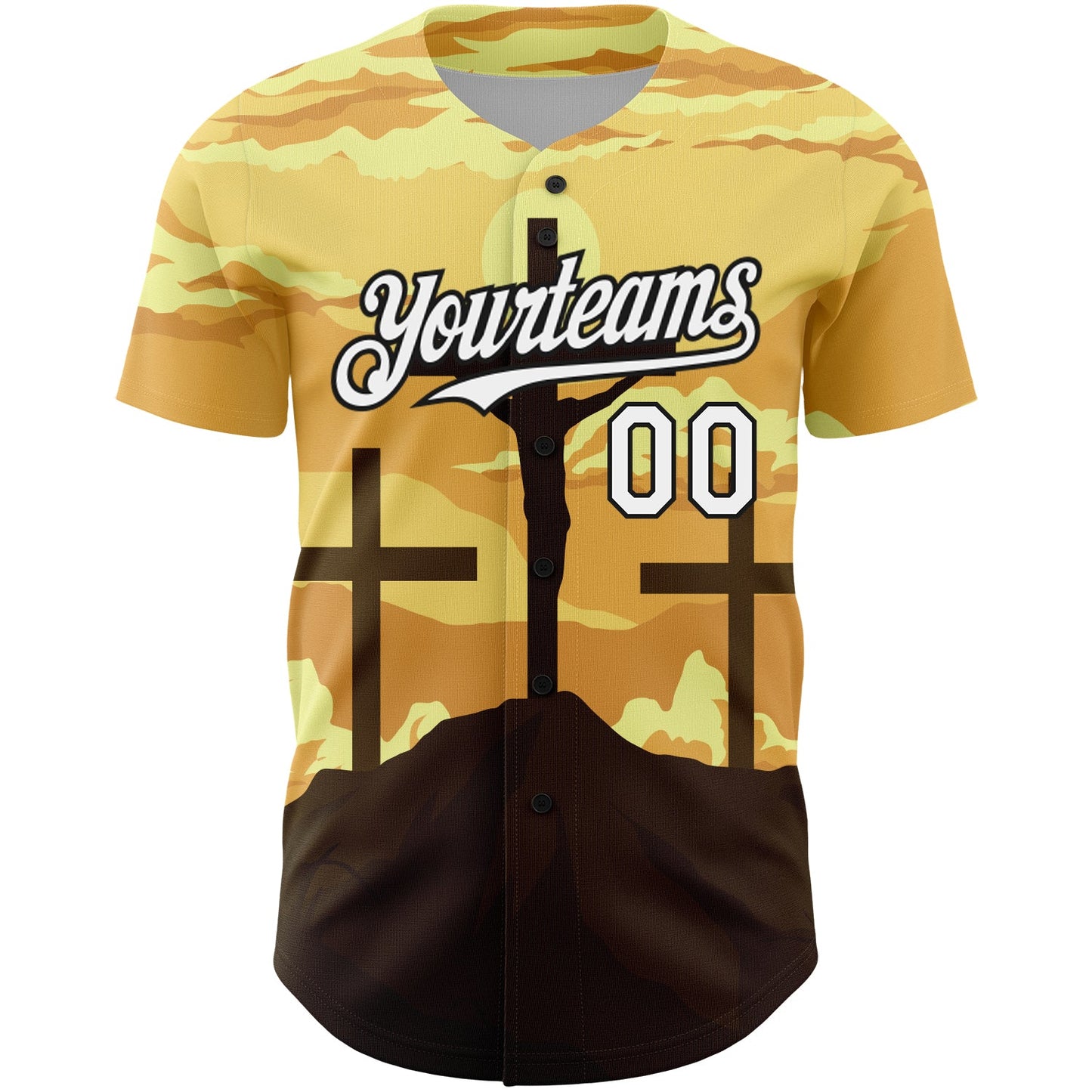 Custom Yellow White-Black 3D Pattern Design Religion Cross Jesus Christ Good Friday Authentic Baseball Jersey view 2