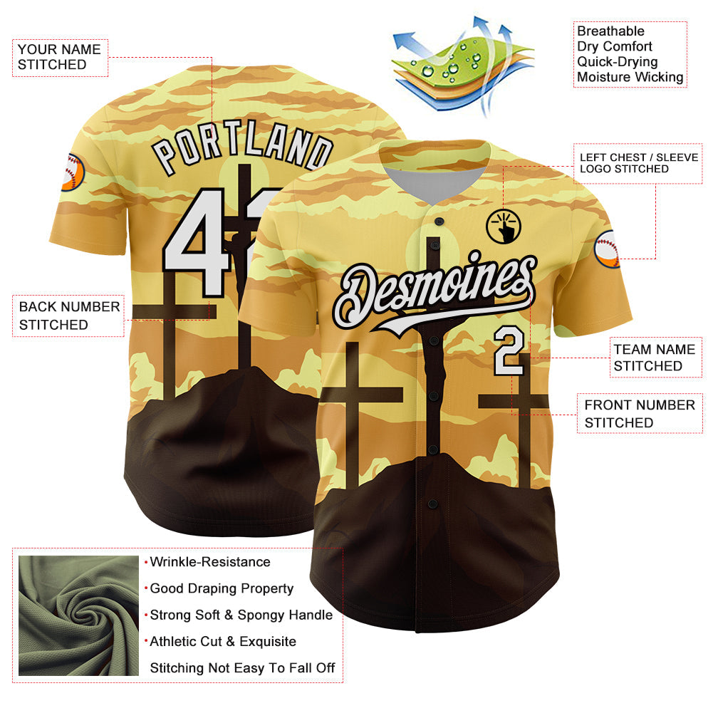 Custom Yellow White-Black 3D Pattern Design Religion Cross Jesus Christ Good Friday Authentic Baseball Jersey view 3