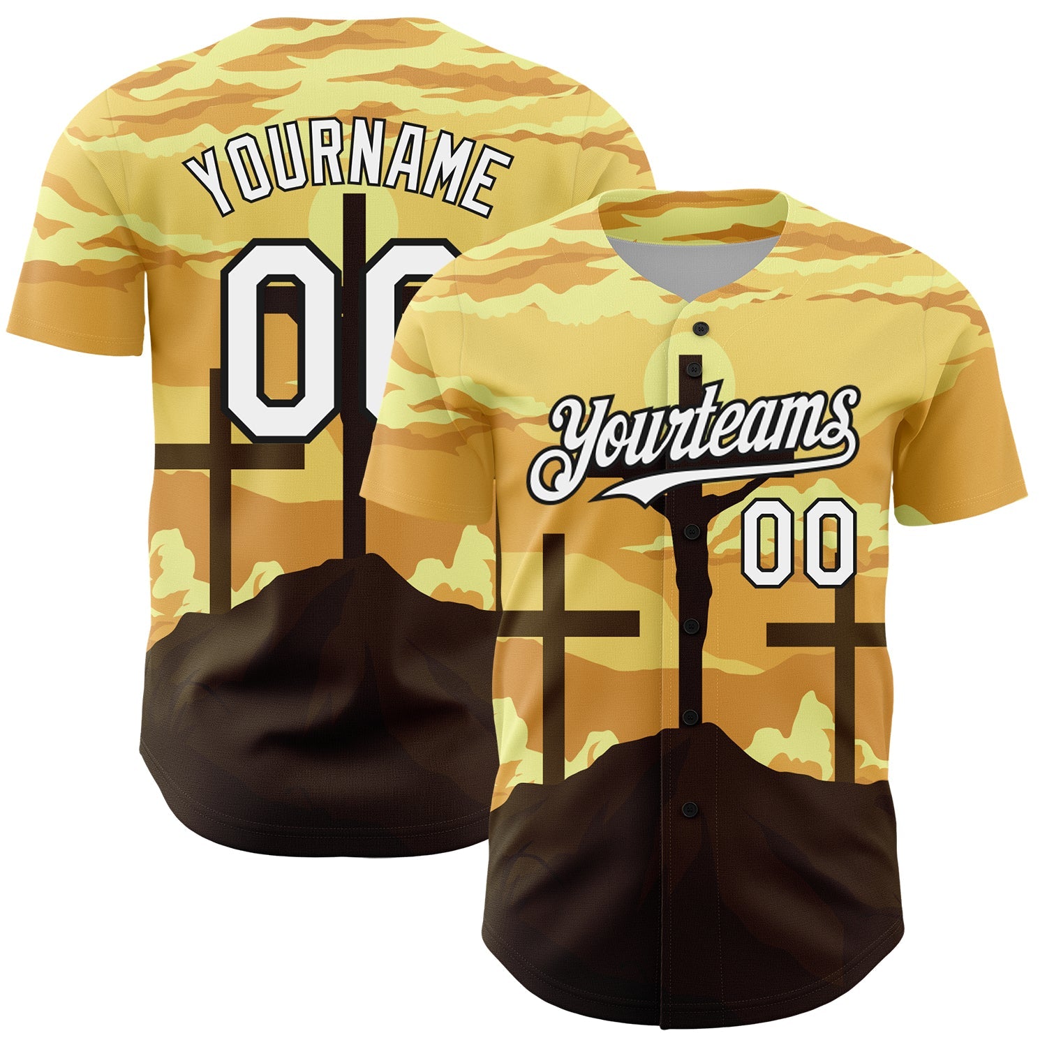 Custom Yellow White-Black 3D Pattern Design Religion Cross Jesus Christ Good Friday Authentic Baseball Jersey - Main View