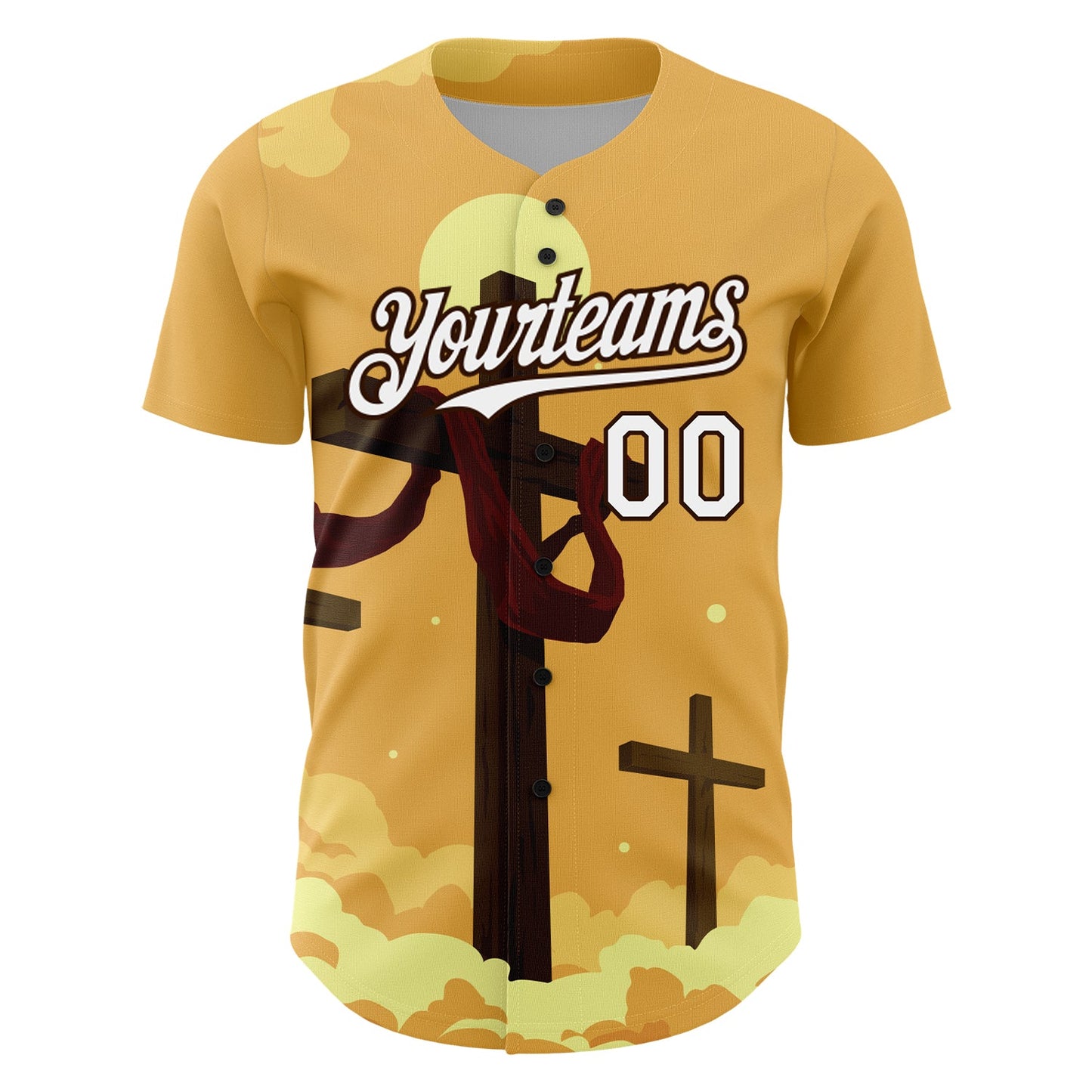 Custom Yellow White-Brown 3D Pattern Design Religion Cross Jesus Christ Good Friday Authentic Baseball Jersey view 2