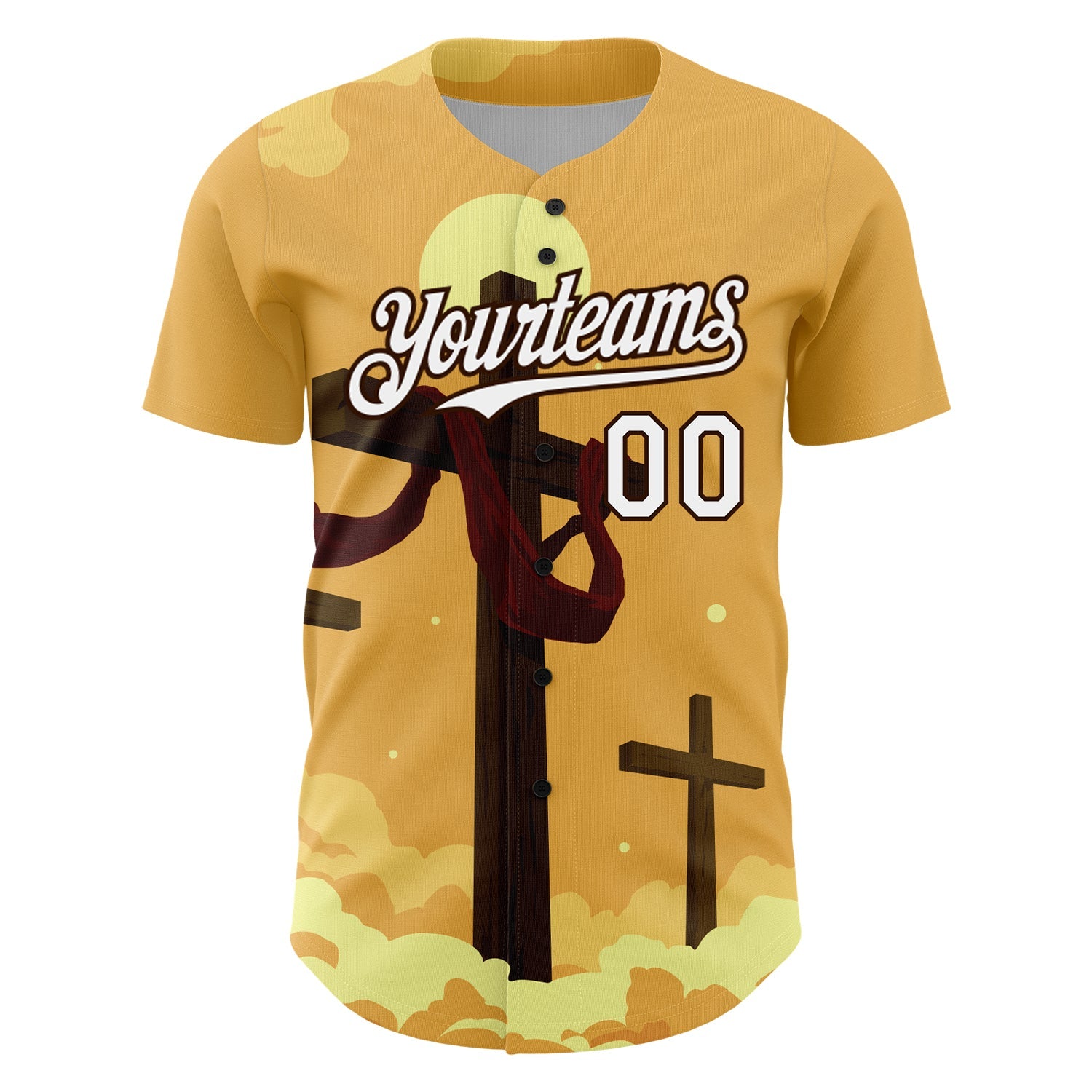Custom Yellow White-Brown 3D Pattern Design Religion Cross Jesus Christ Good Friday Authentic Baseball Jersey view 2