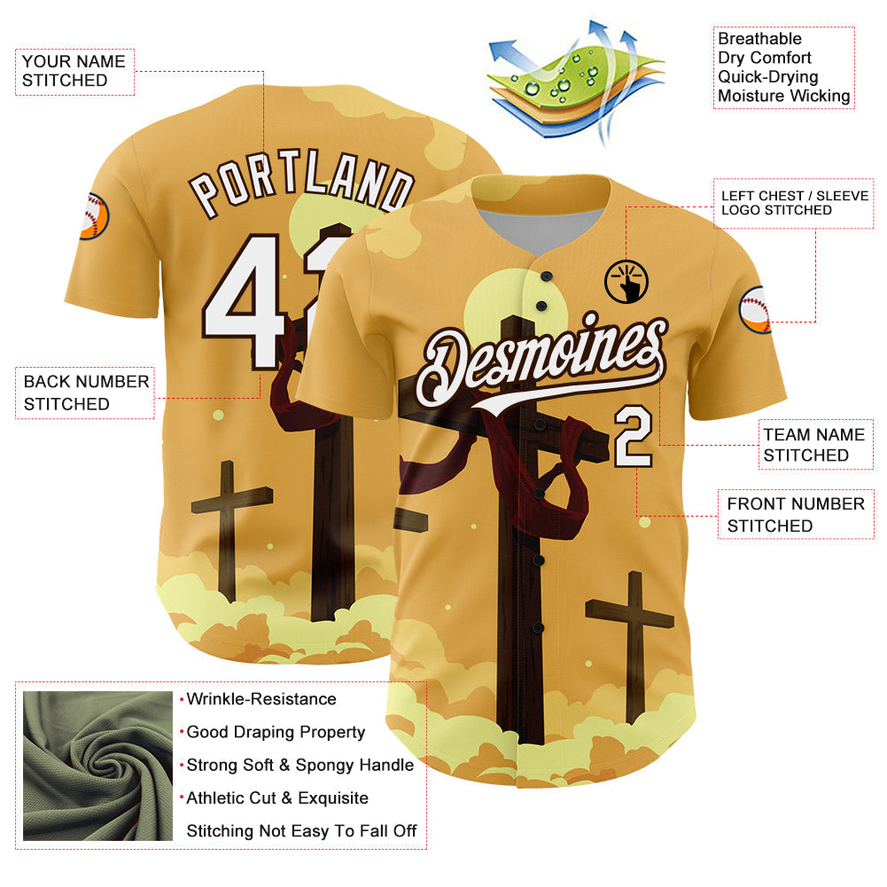 Custom Yellow White-Brown 3D Pattern Design Religion Cross Jesus Christ Good Friday Authentic Baseball Jersey view 3