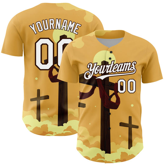 Custom Yellow White-Brown 3D Pattern Design Religion Cross Jesus Christ Good Friday Authentic Baseball Jersey - Main View