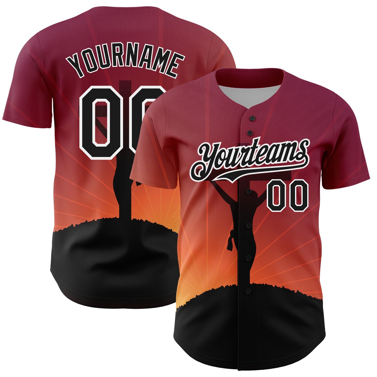 Custom Red Black-White 3D Pattern Design Religion Cross Jesus Christ Good Friday Authentic Baseball Jersey - Main View