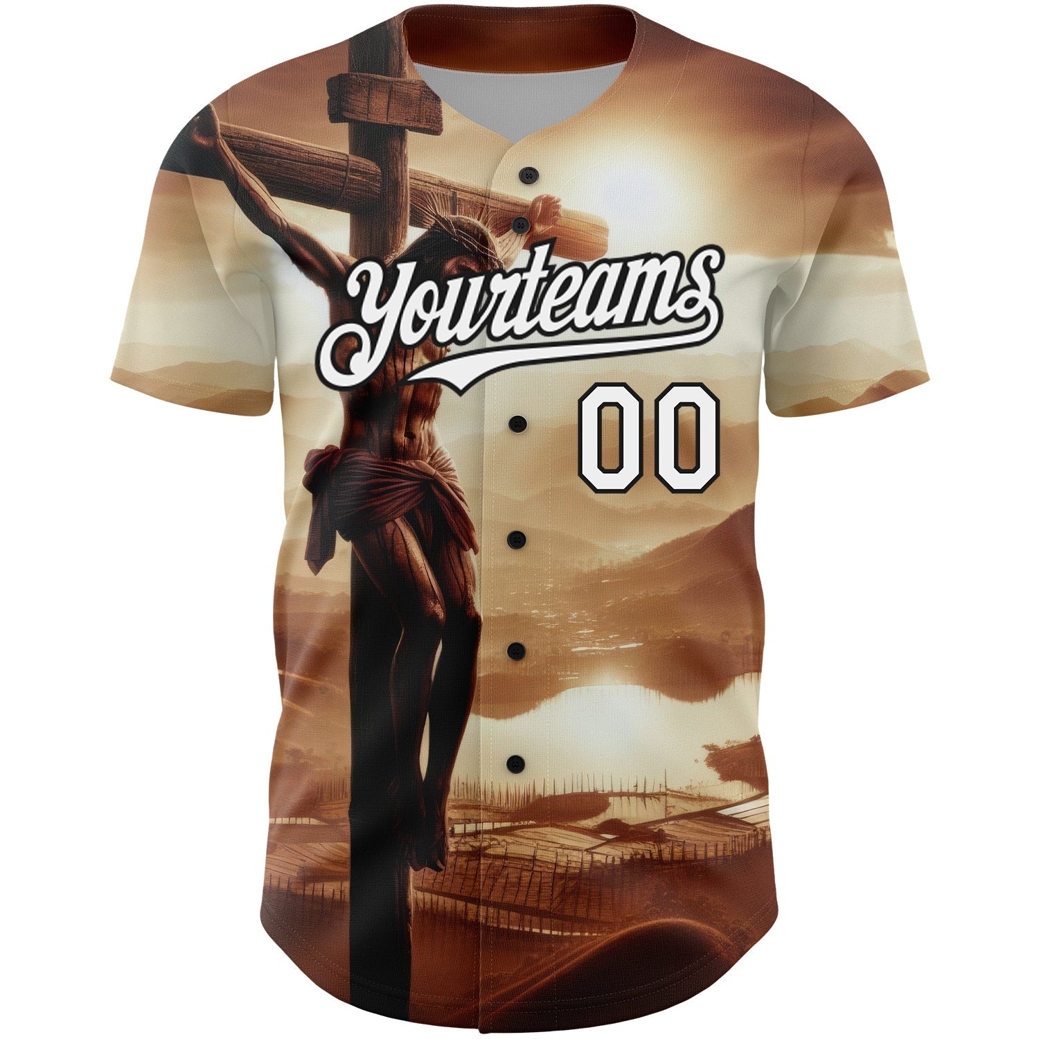 Custom Brown White-Black 3D Pattern Design Religion Cross Jesus Christ Good Friday Authentic Baseball Jersey view 2