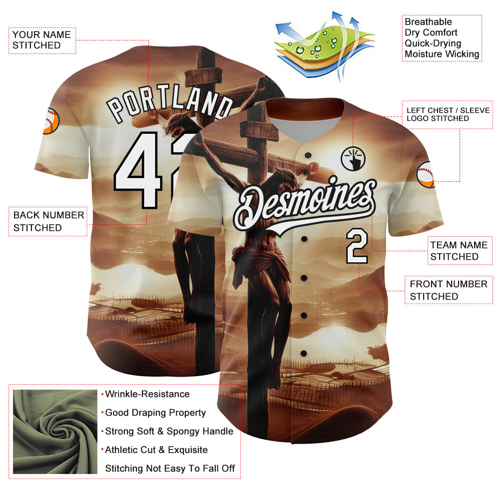 Custom Brown White-Black 3D Pattern Design Religion Cross Jesus Christ Good Friday Authentic Baseball Jersey view 3