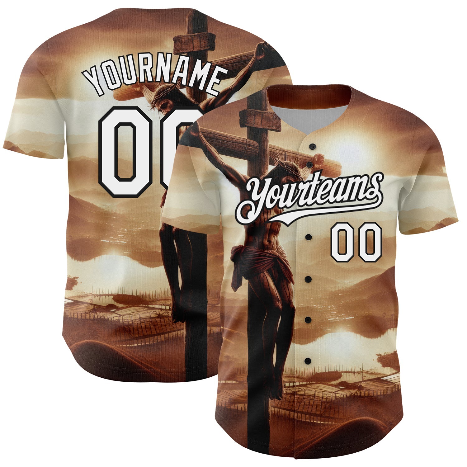 Custom Brown White-Black 3D Pattern Design Religion Cross Jesus Christ Good Friday Authentic Baseball Jersey - Main View