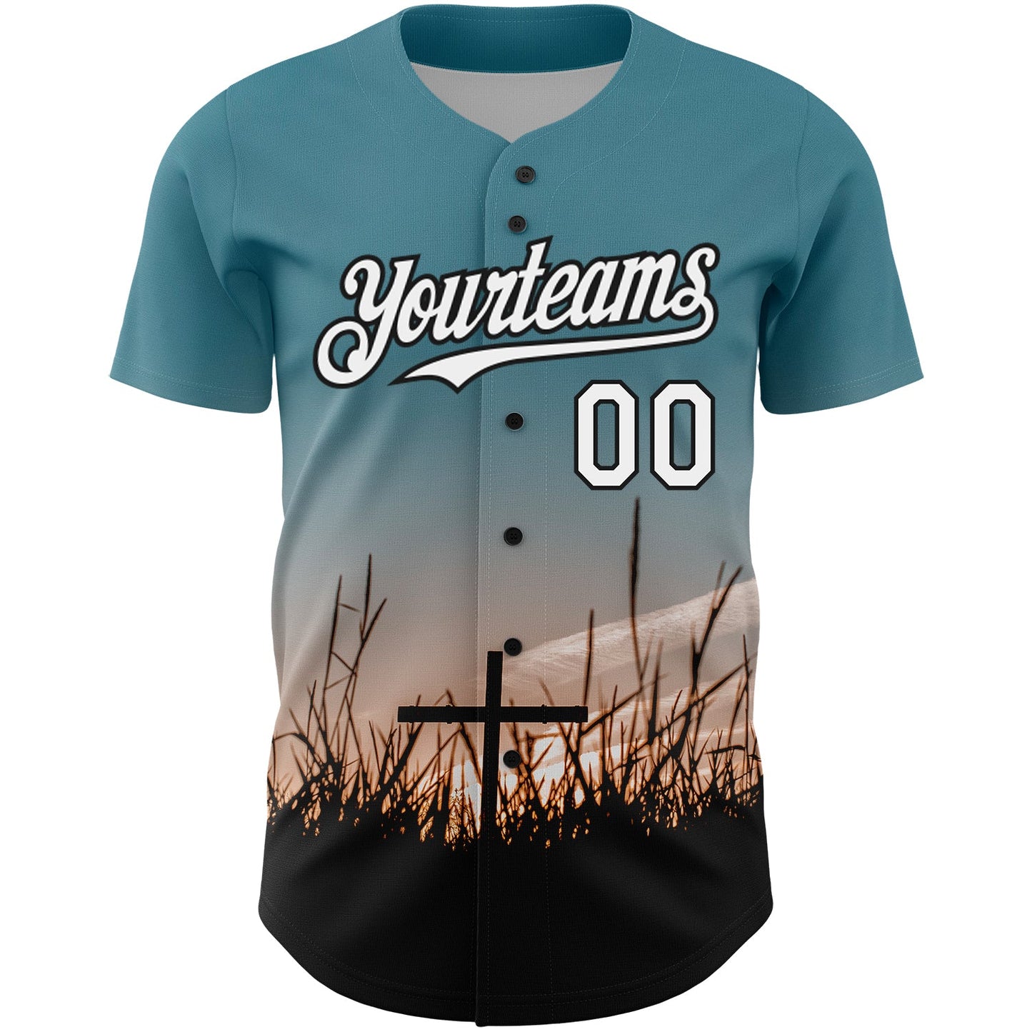 Custom Teal White-Black 3D Pattern Design Religion Cross Jesus Christ Good Friday Authentic Baseball Jersey view 2