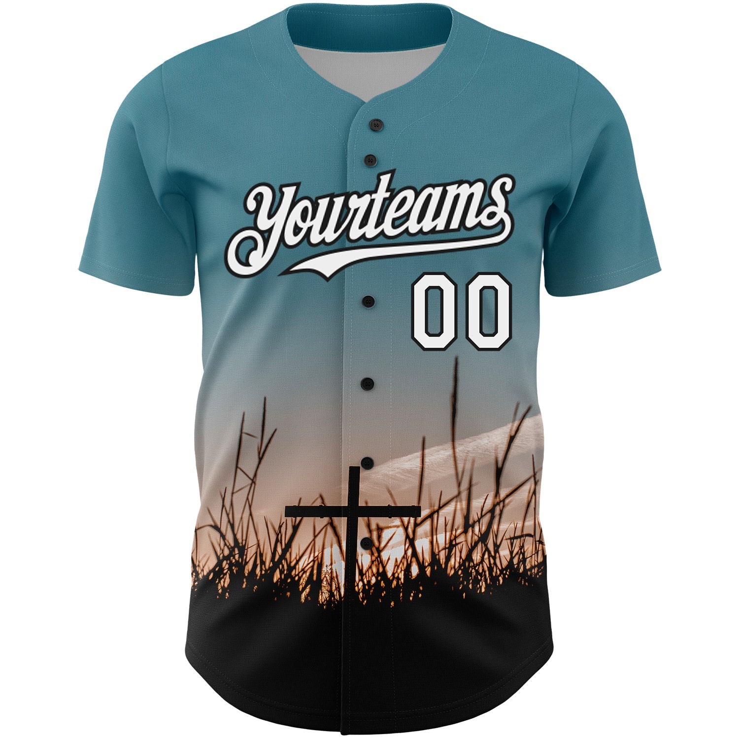 Custom Teal White-Black 3D Pattern Design Religion Cross Jesus Christ Good Friday Authentic Baseball Jersey view 2