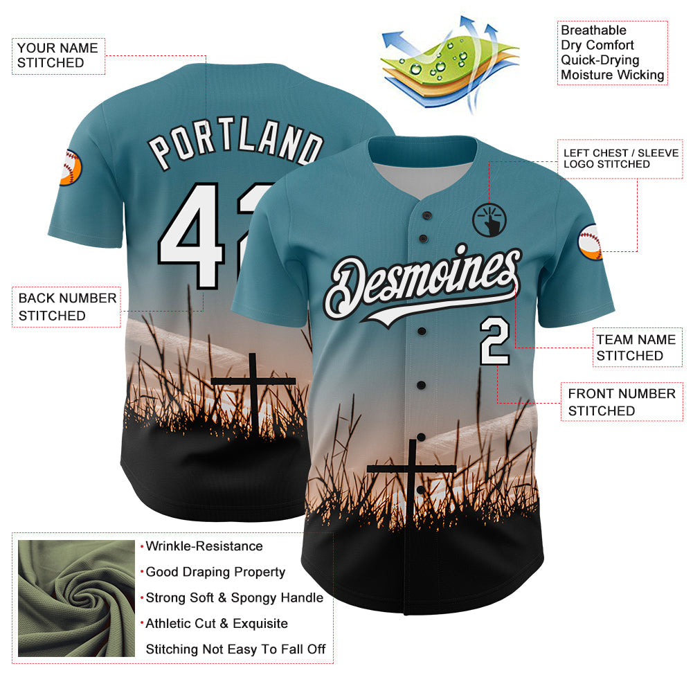 Custom Teal White-Black 3D Pattern Design Religion Cross Jesus Christ Good Friday Authentic Baseball Jersey view 3