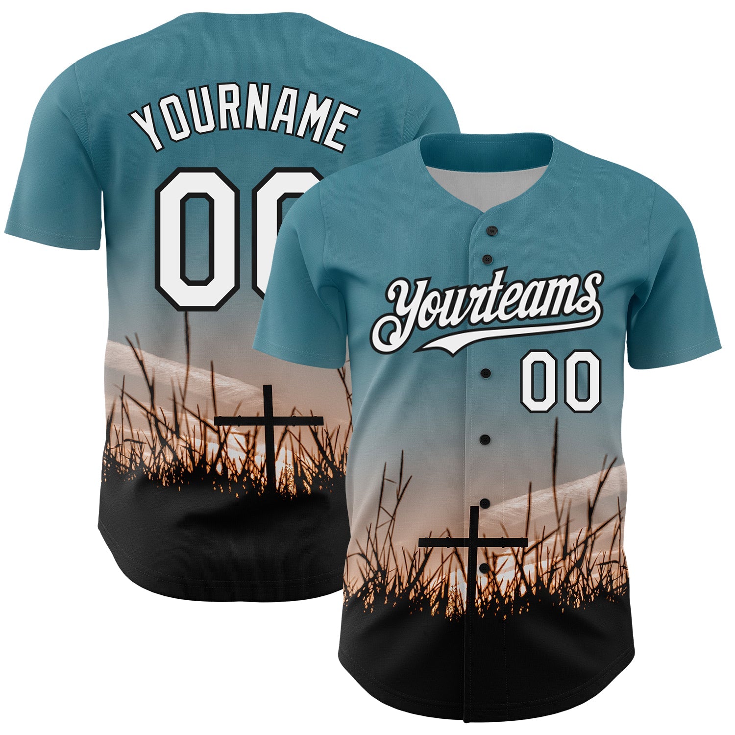 Custom Teal White-Black 3D Pattern Design Religion Cross Jesus Christ Good Friday Authentic Baseball Jersey - Main View