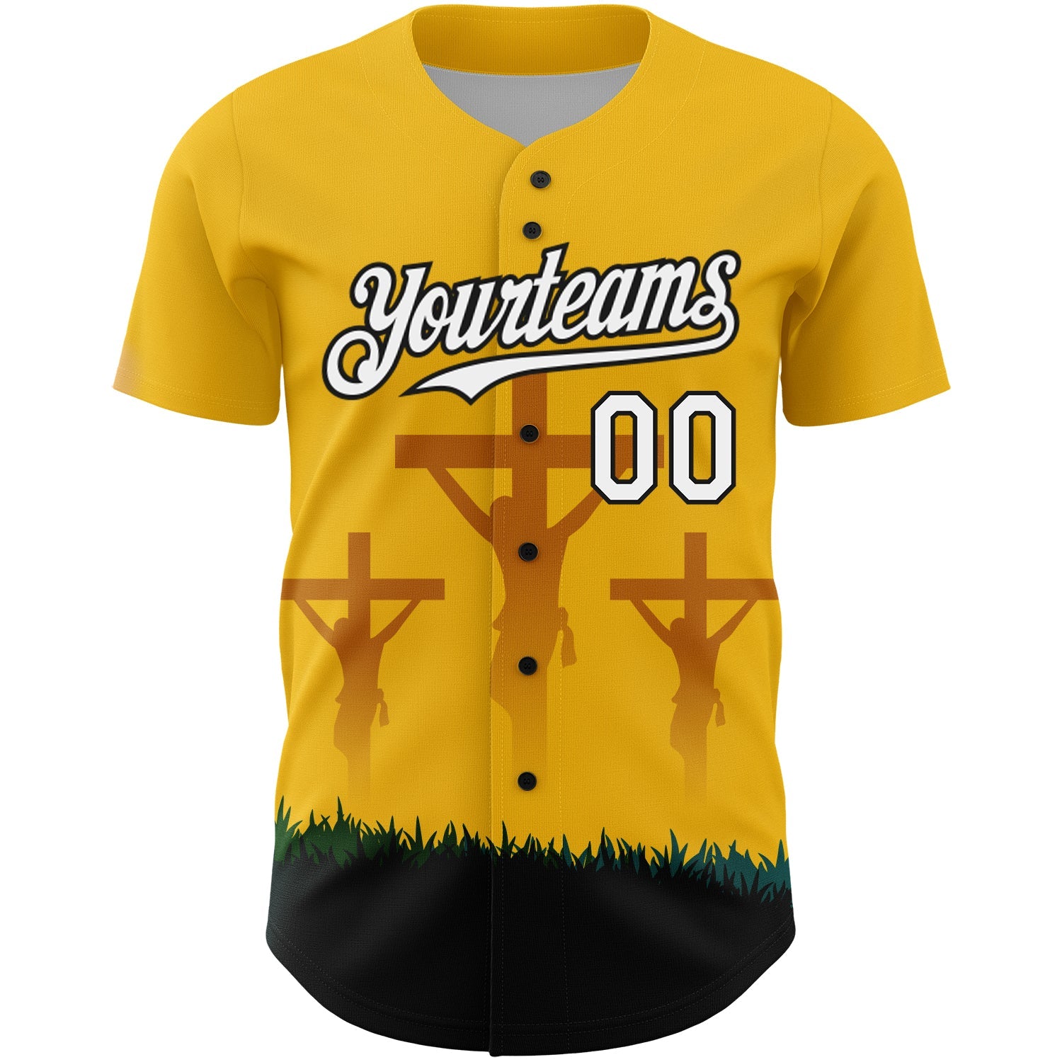 Custom Yellow White-Black 3D Pattern Design Religion Cross Jesus Christ Good Friday Authentic Baseball Jersey view 2
