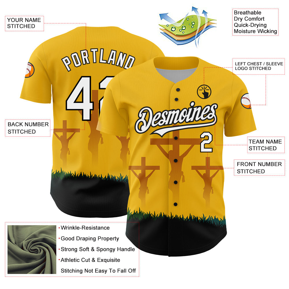 Custom Yellow White-Black 3D Pattern Design Religion Cross Jesus Christ Good Friday Authentic Baseball Jersey view 3