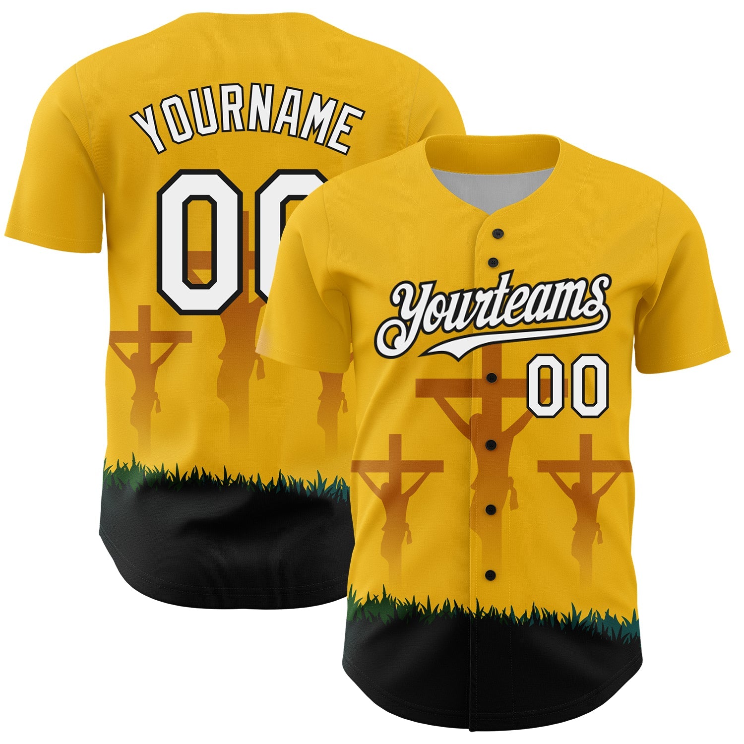 Custom Yellow White-Black 3D Pattern Design Religion Cross Jesus Christ Good Friday Authentic Baseball Jersey - Main View