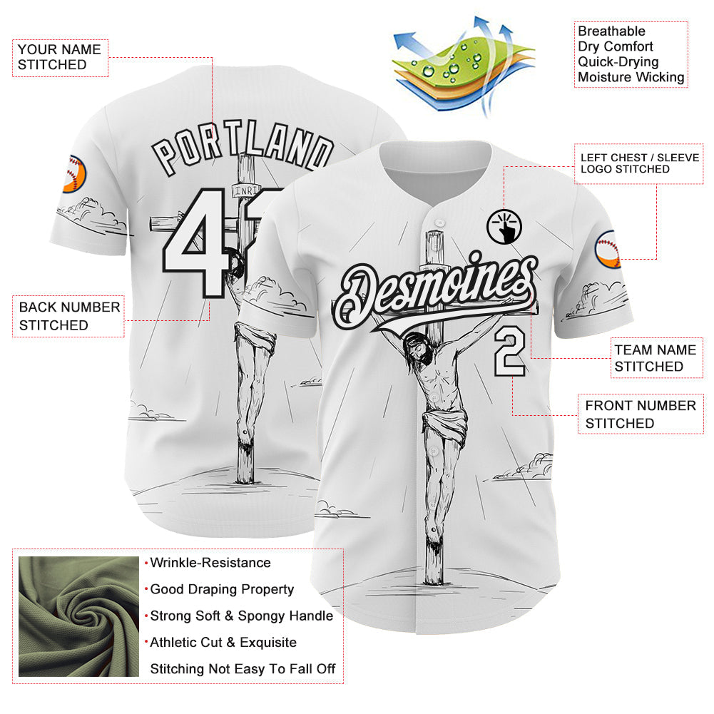 Custom White Black 3D Pattern Design Religion Cross Jesus Christ Good Friday Authentic Baseball Jersey view 3