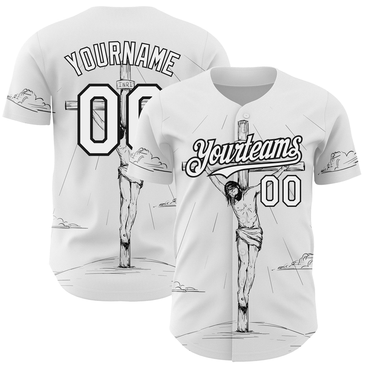 Custom White Black 3D Pattern Design Religion Cross Jesus Christ Good Friday Authentic Baseball Jersey - Main View