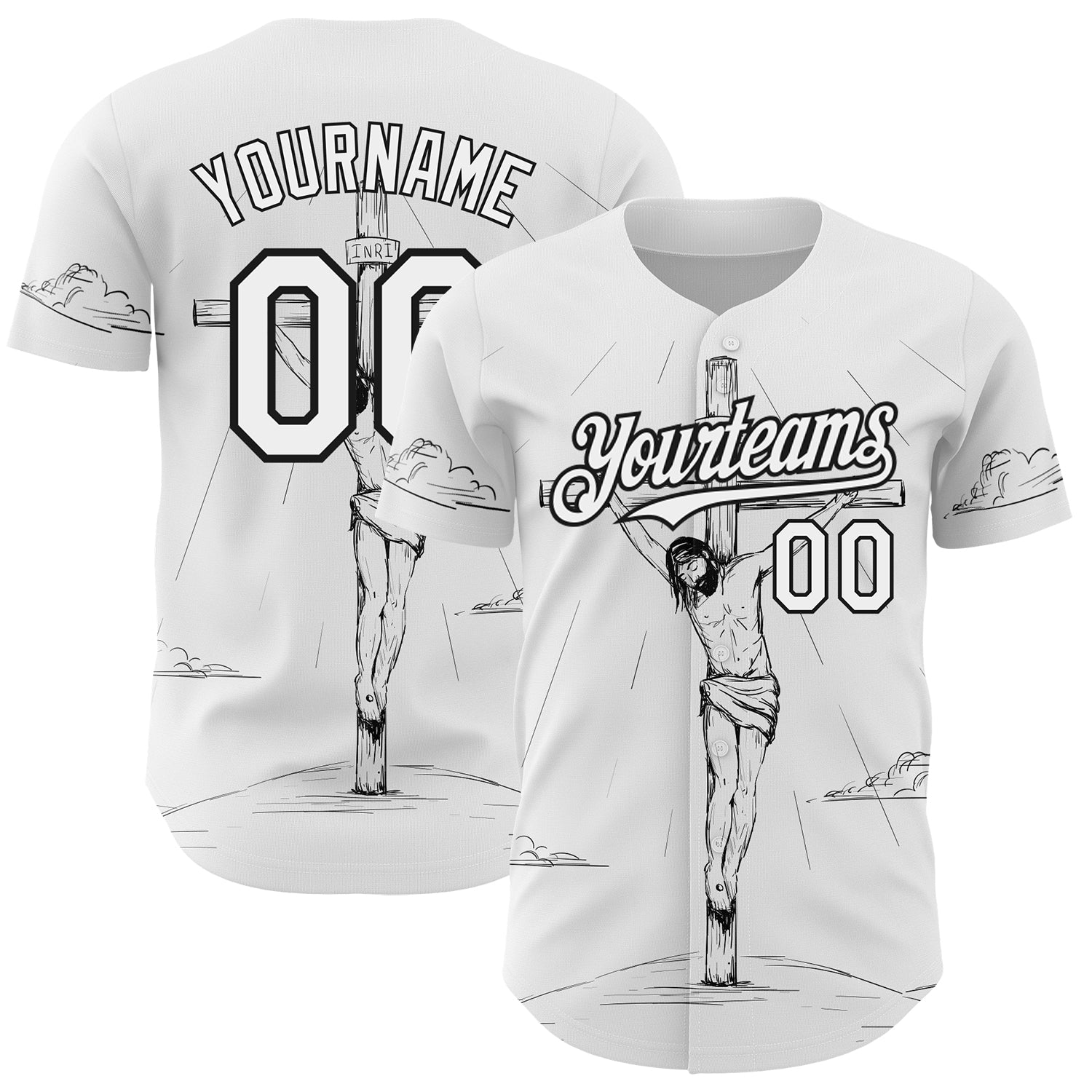 Custom White Black 3D Pattern Design Religion Cross Jesus Christ Good Friday Authentic Baseball Jersey - Main View